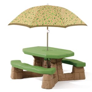 Step2 Naturally Playful Kids Picnic Table with Removeable Umbrella, Indoor/Outdoor Toys, Fits 6 Children, Made of Durable Plastic, For Toddlers 3+ Years Old, Green & Leaves