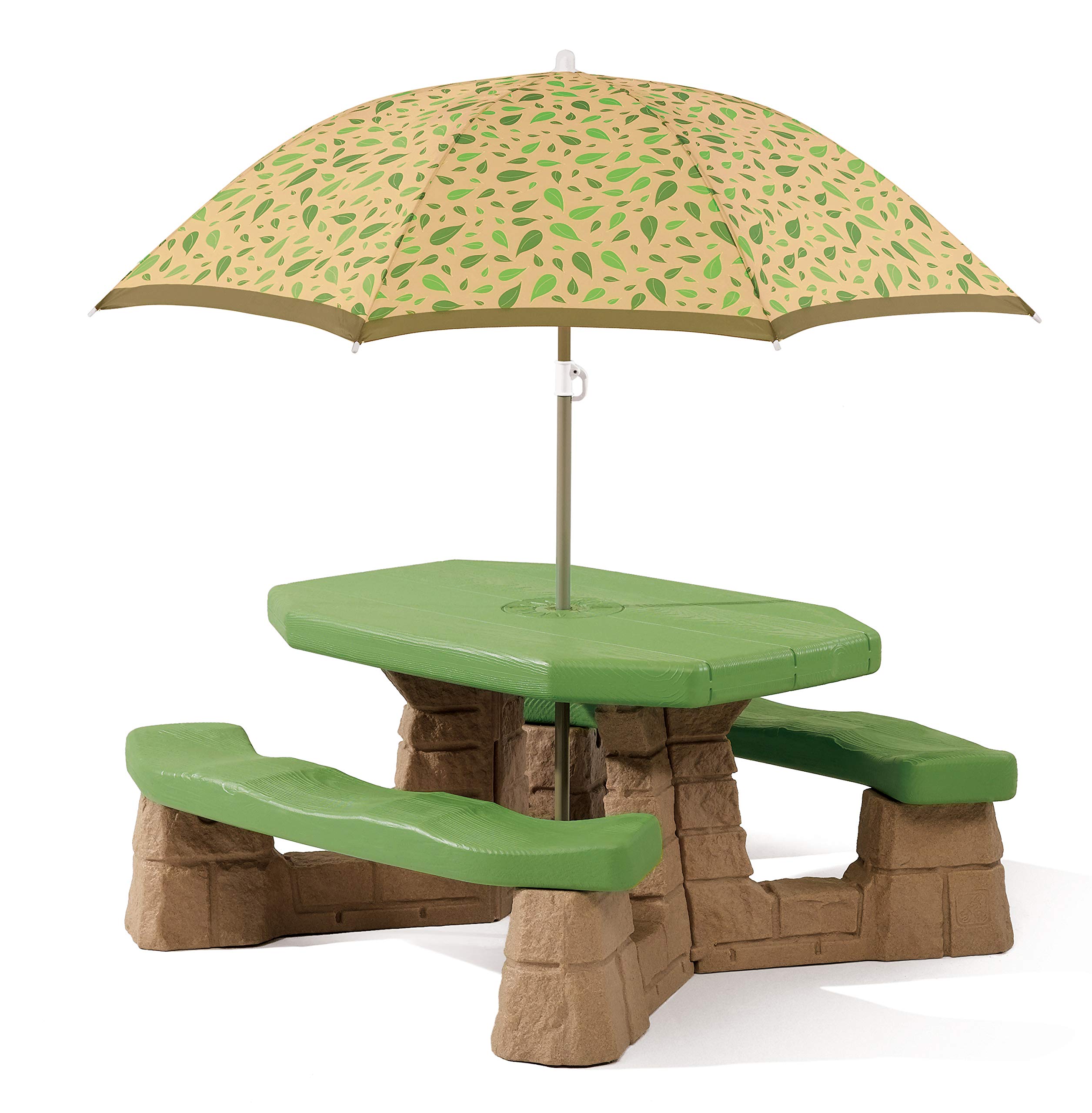 Step2 Naturally Playful Kids Picnic Table with Removeable Umbrella, Indoor/Outdoor Toys, Fits 6 Children, Made of Durable Plastic, For Toddlers 3+ Years Old, Green & Leaves