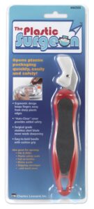 charles leonard plastic surgeon, hard plastic package opener with surgical steel blades, red and black (44500)