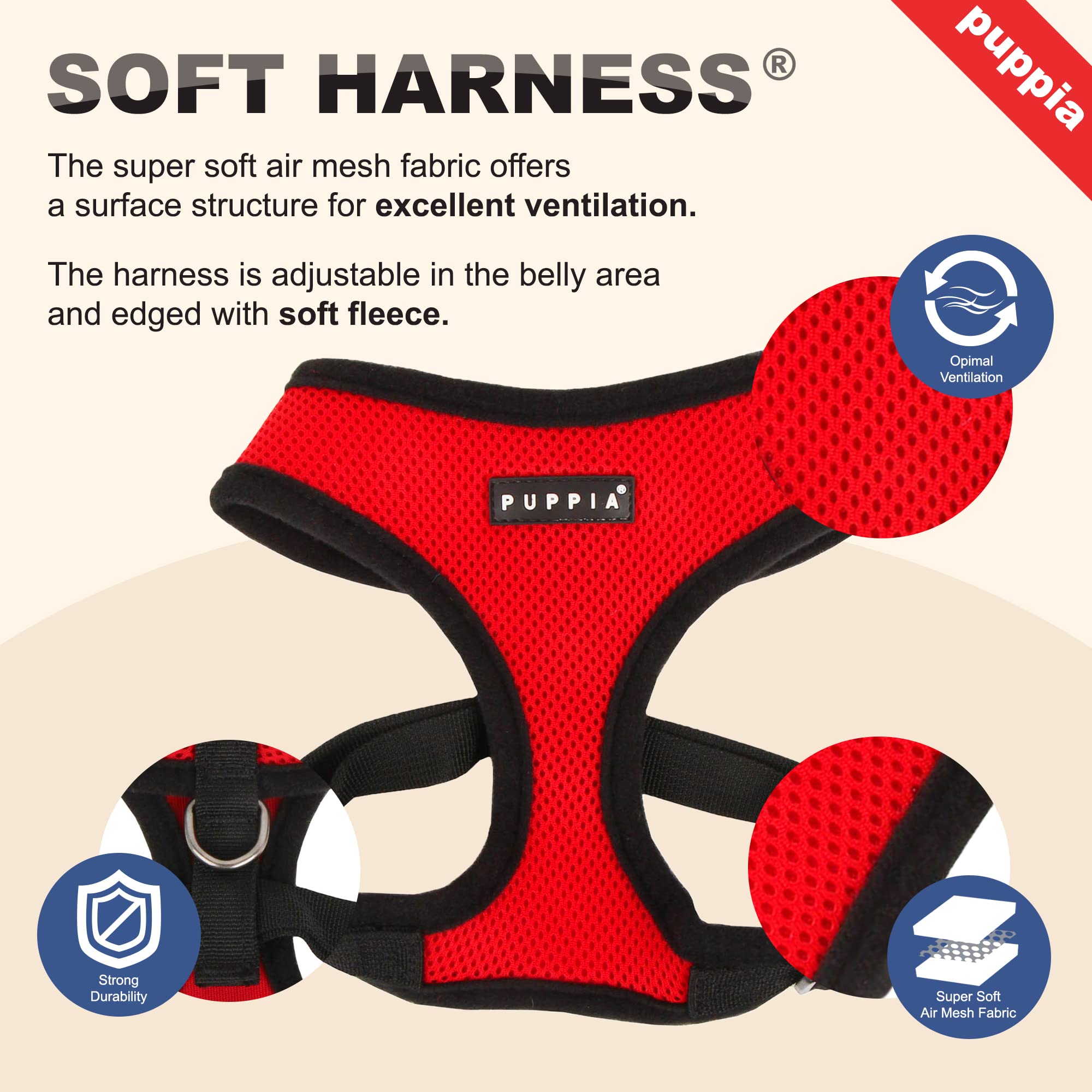 Authentic Puppia Soft Dog Harness, Red - Medium