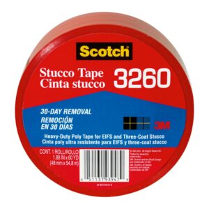 Scotch Stucco Tape, 1.88 in x 60yd, 30 Day Clean Removal, Heavy-Duty Outdoor Stucco Tape, UV & Moisture Resistant, Water Resistant Poly Backing, 1 Roll, Red (3260-A)