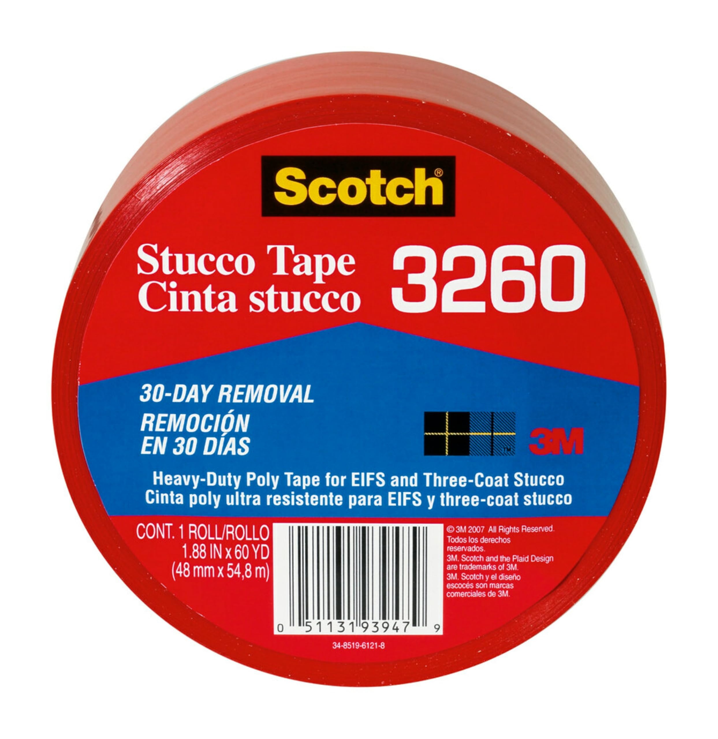 Scotch Stucco Tape, 1.88 in x 60yd, 30 Day Clean Removal, Heavy-Duty Outdoor Stucco Tape, UV & Moisture Resistant, Water Resistant Poly Backing, 1 Roll, Red (3260-A)