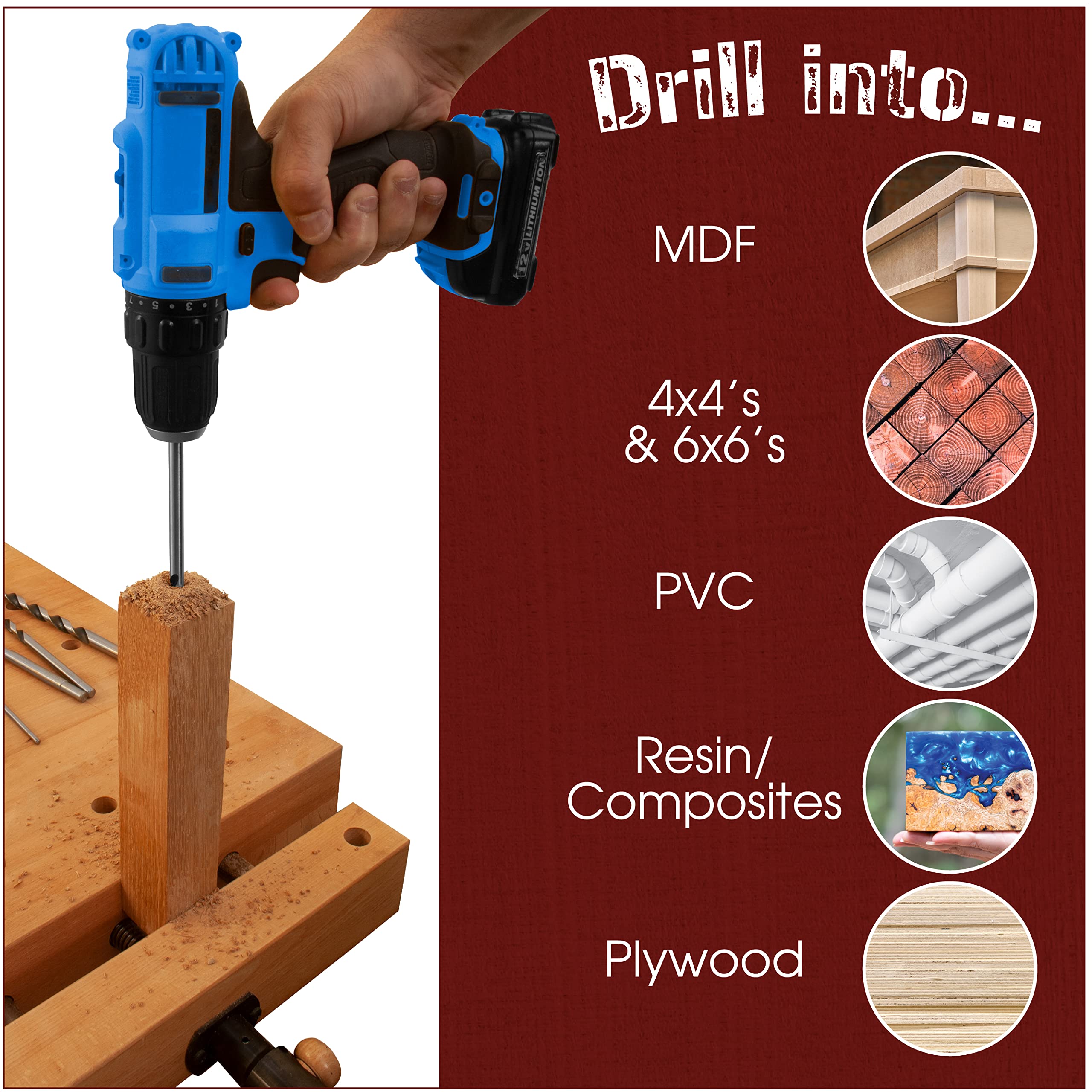 Fulton 12 inch Extra Long Brad Point Drill Bit Set with 7 Total Drill Bits • Ideal for Wood • PVC • Resin • Composite • MDF and Drywall (Sheet Rock) Materials