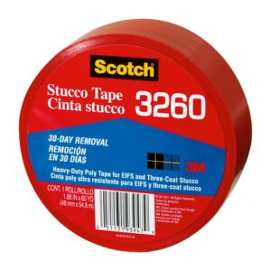 Scotch Stucco Tape, 1.88 in x 60yd, 30 Day Clean Removal, Heavy-Duty Outdoor Stucco Tape, UV & Moisture Resistant, Water Resistant Poly Backing, 1 Roll, Red (3260-A)