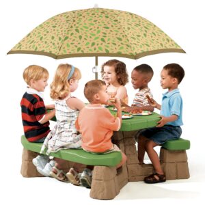 Step2 Naturally Playful Kids Picnic Table with Removeable Umbrella, Indoor/Outdoor Toys, Fits 6 Children, Made of Durable Plastic, For Toddlers 3+ Years Old, Green & Leaves