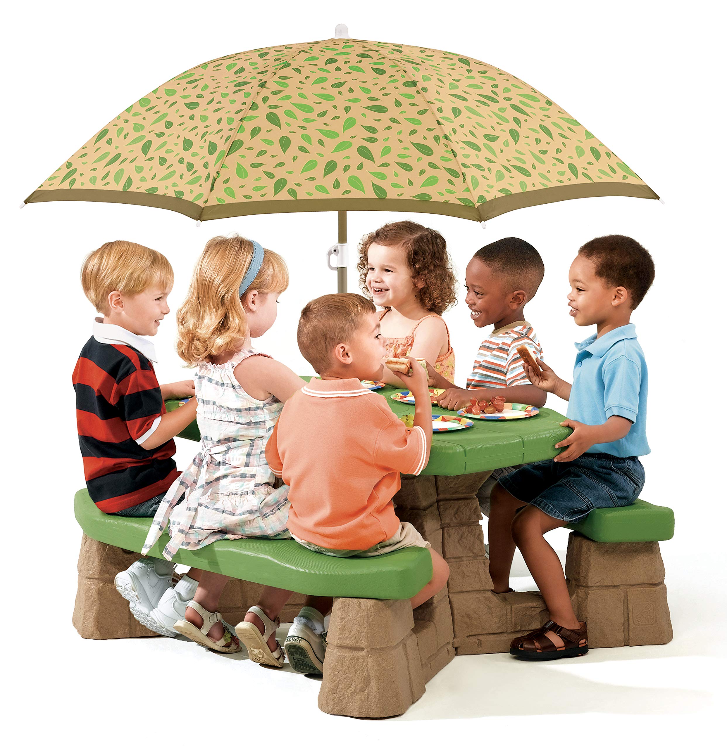 Step2 Naturally Playful Kids Picnic Table with Removeable Umbrella, Indoor/Outdoor Toys, Fits 6 Children, Made of Durable Plastic, For Toddlers 3+ Years Old, Green & Leaves