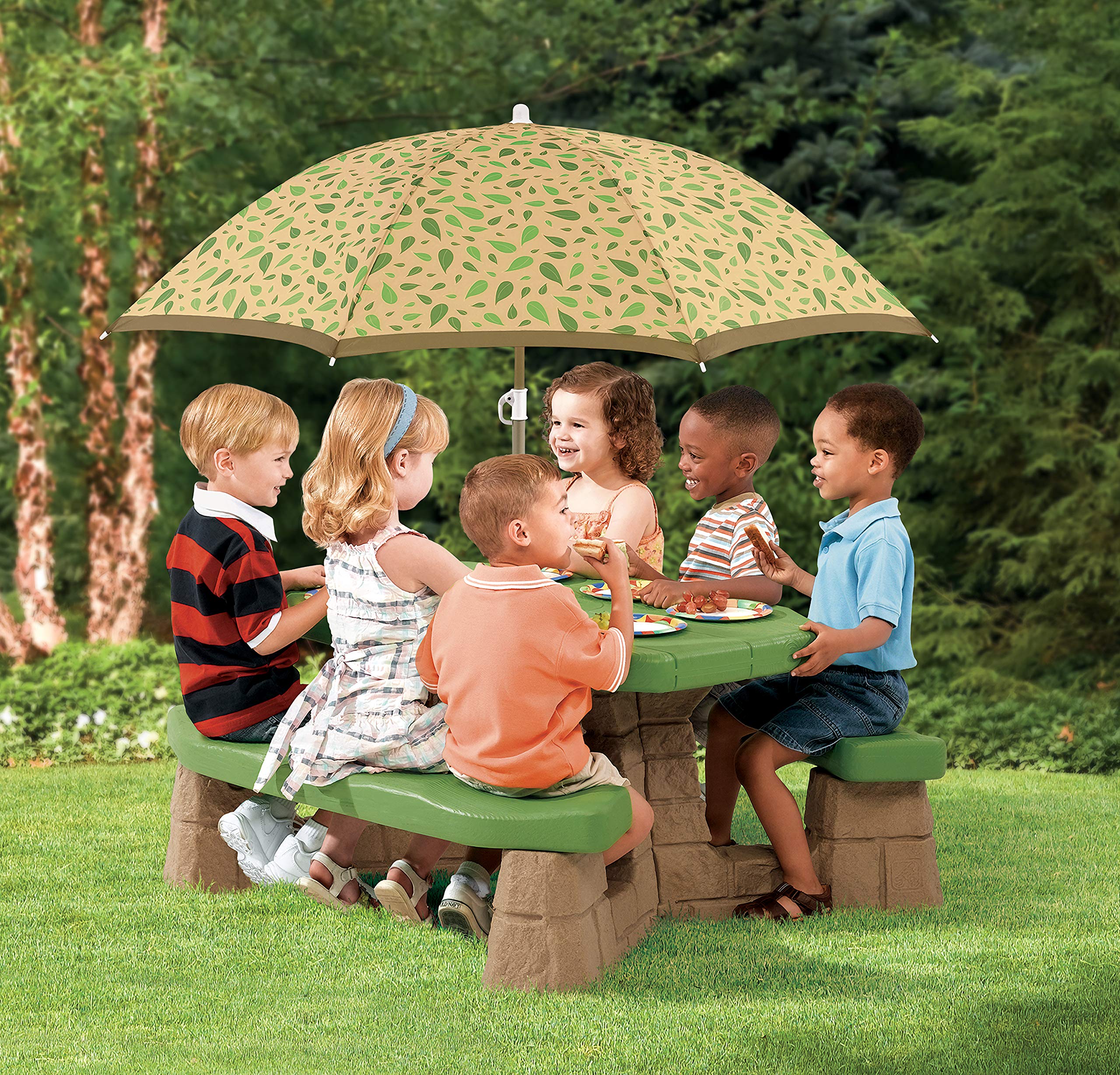 Step2 Naturally Playful Kids Picnic Table with Removeable Umbrella, Indoor/Outdoor Toys, Fits 6 Children, Made of Durable Plastic, For Toddlers 3+ Years Old, Green & Leaves