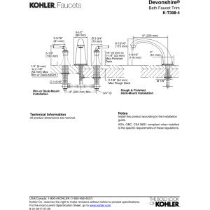 KOHLER T398-4-PB Devonshire Deck Mount Bath Faucet Trim, 3-Hole 2-Handle Bathtub Faucet, Nondiverter Spout, Vibrant Polished Brass