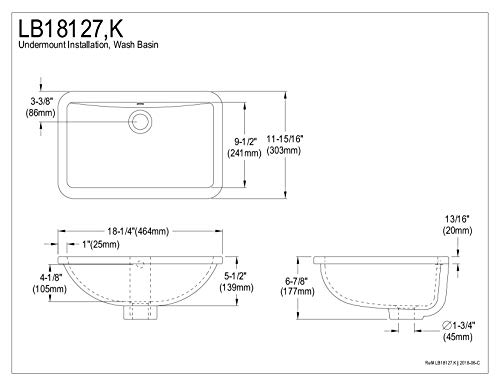 Elements of Design Kingston Brass LB18127 Fauceture Courtyard Undermount Bathroom Sink with Overflow, 18.25 x 11.94 x 6.88, White