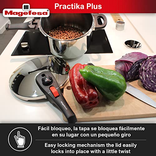 Magefesa® Practika Plus Super Fast pressure cooker, 6.3 Quart, 18/10 stainless steel, suitable induction, excellent heat distribution, 5-layer encapsulated heat diffuser bottom, 5 safety systems