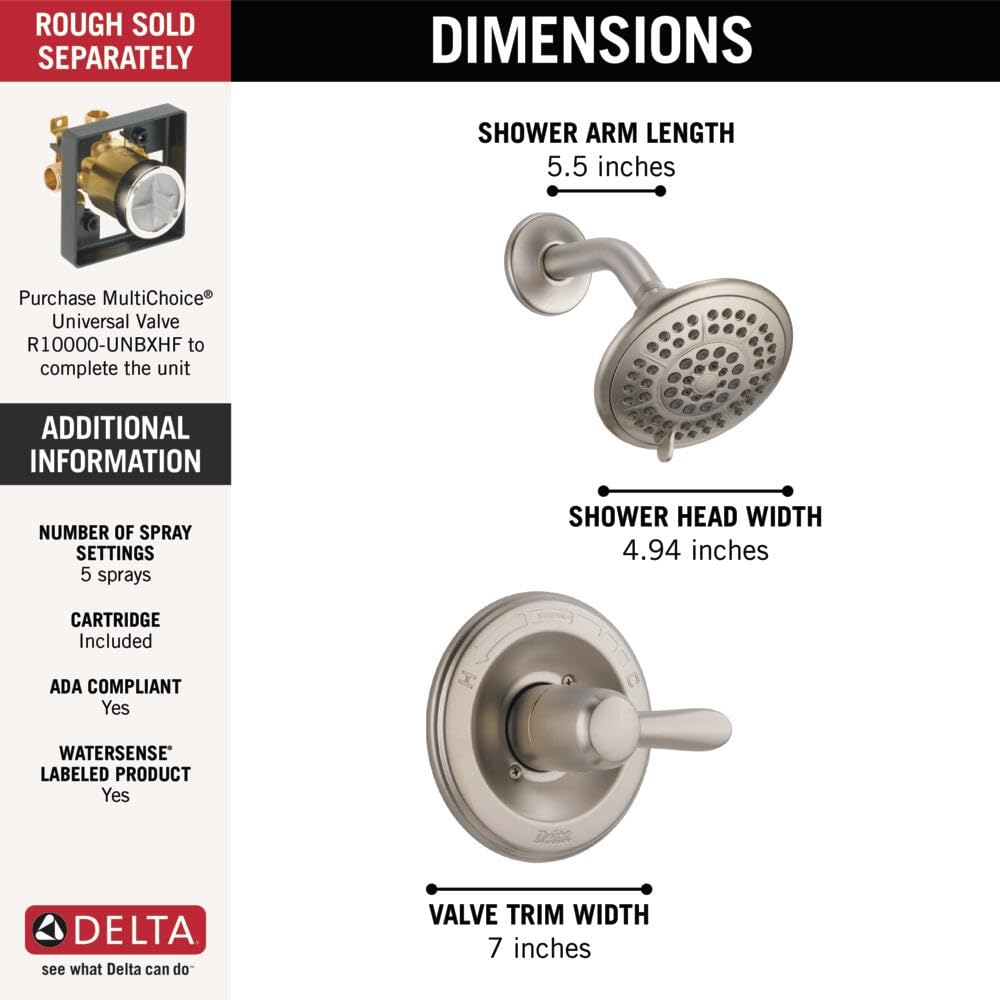 Delta Faucet Lahara 14 Series Single-Function Shower Faucet Set, 5-Spray Shower Head, Shower Handle, Brushed Nickel Shower Faucet, Delta Shower Trim Kit, Stainless T14238-SS (Valve Not Included)