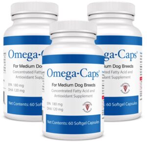 omega-caps for medium breeds-vet formulated for joint & heart health, healthy radiant skin & coat, reduces shedding. contains omega 3 for immune system support, easy to dose soft gel capsules 180 ct