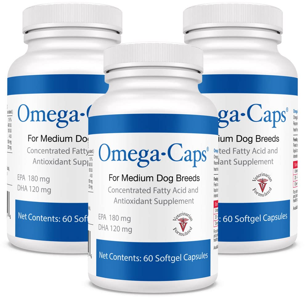 Omega-Caps for Medium Breeds-Vet Formulated for Joint & Heart Health, Healthy Radiant Skin & Coat, Reduces Shedding. Contains Omega 3 for Immune System Support, Easy to Dose Soft Gel Capsules 180 CT