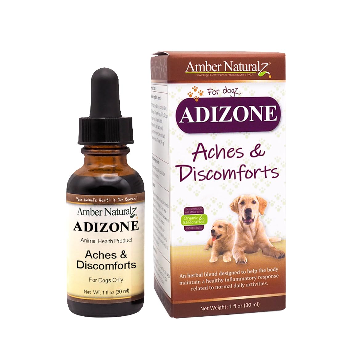 Amber NaturalZ Adizone Herbal Supplement for Dogs | Canine Herbal Supplement for Occasional Soreness, Stiffness, Aches and Discomfort | 1 Fluid Ounce Glass Bottle | Manufactured in The USA