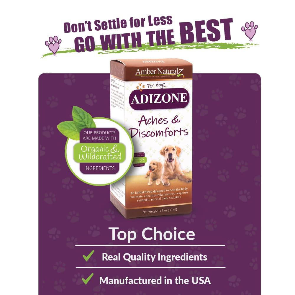 Amber NaturalZ Adizone Herbal Supplement for Dogs | Canine Herbal Supplement for Occasional Soreness, Stiffness, Aches and Discomfort | 1 Fluid Ounce Glass Bottle | Manufactured in The USA