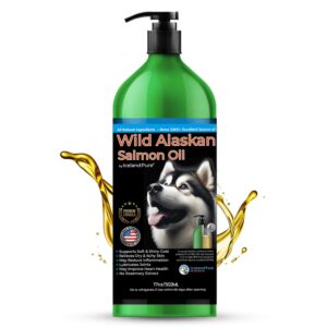 wild alaskan salmon oil for dogs and cats by iceland pure | 1,043 mg of omega-3 per teaspoon | salmon oil & pollock blend | bpa-free brushed aluminum epoxy coated bottle with pump - 17 oz