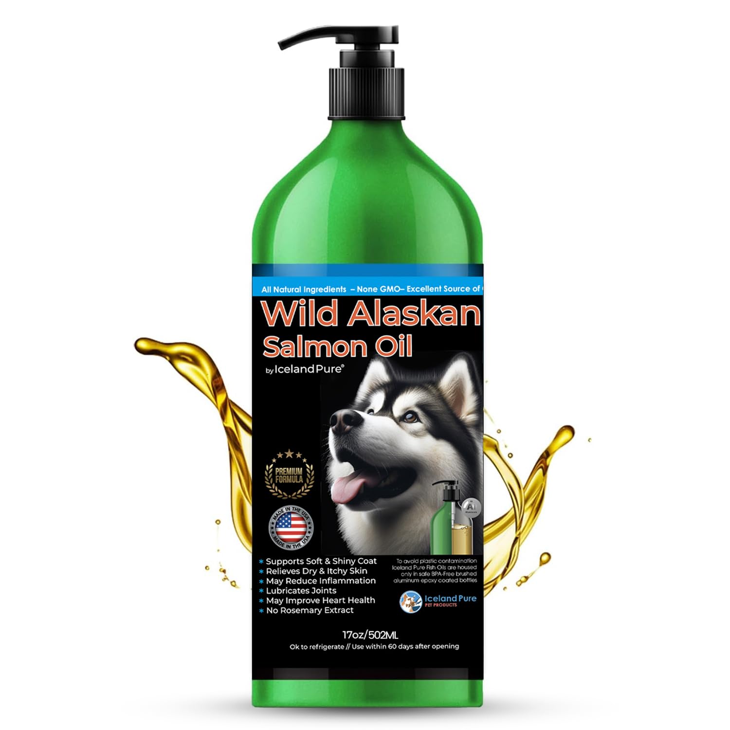 Wild Alaskan Salmon Oil for Dogs and Cats by Iceland Pure | 1,043 mg of Omega-3 per Teaspoon | Salmon Oil & Pollock Blend | BPA-Free Brushed Aluminum Epoxy Coated Bottle with Pump - 17 oz