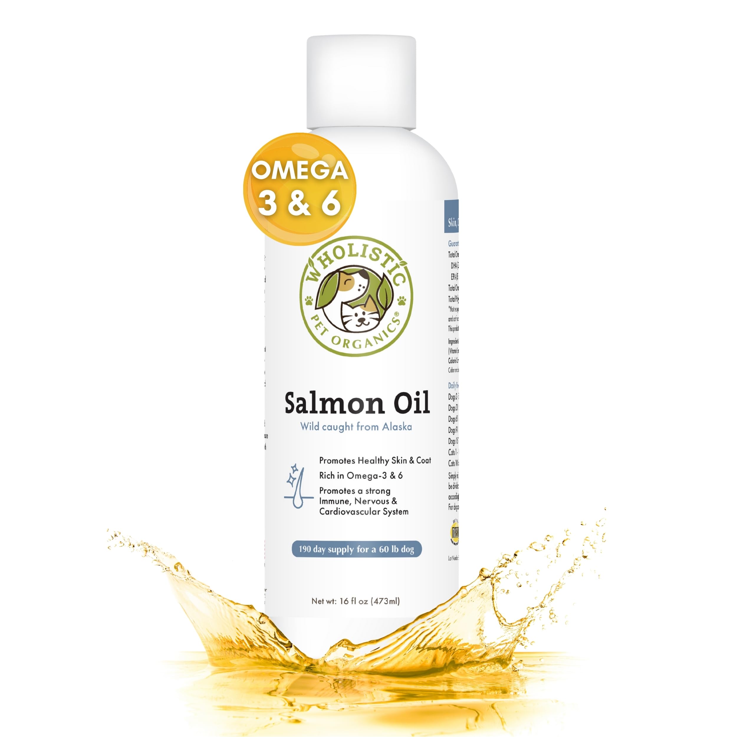 Wholistic Pet Organics Salmon Oil: Deep Sea Wild Alaskan Salmon Oil for Dogs and Cats - Natural Omega 3 Dog Fish Oil Supplement with EPA and DHA for Skin, Coat, Heart and Nervous System Health