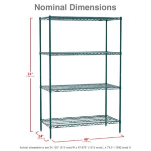 METRO Super Erecta Metroseal Green Epoxy Shelving Unit - Industrial Wire Shelving for Restaurants, Kitchens, Walk-in Coolers/Freezers with Microban - 4 Tier, 2000 lbs Capacity, 24” W x 48” L x 74” H