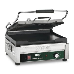 waring commercial wdg250 tostato supremo ribbed top plate and flat bottom plate large surface panini grill, 120 v, 1800w, 5-15 phase plug