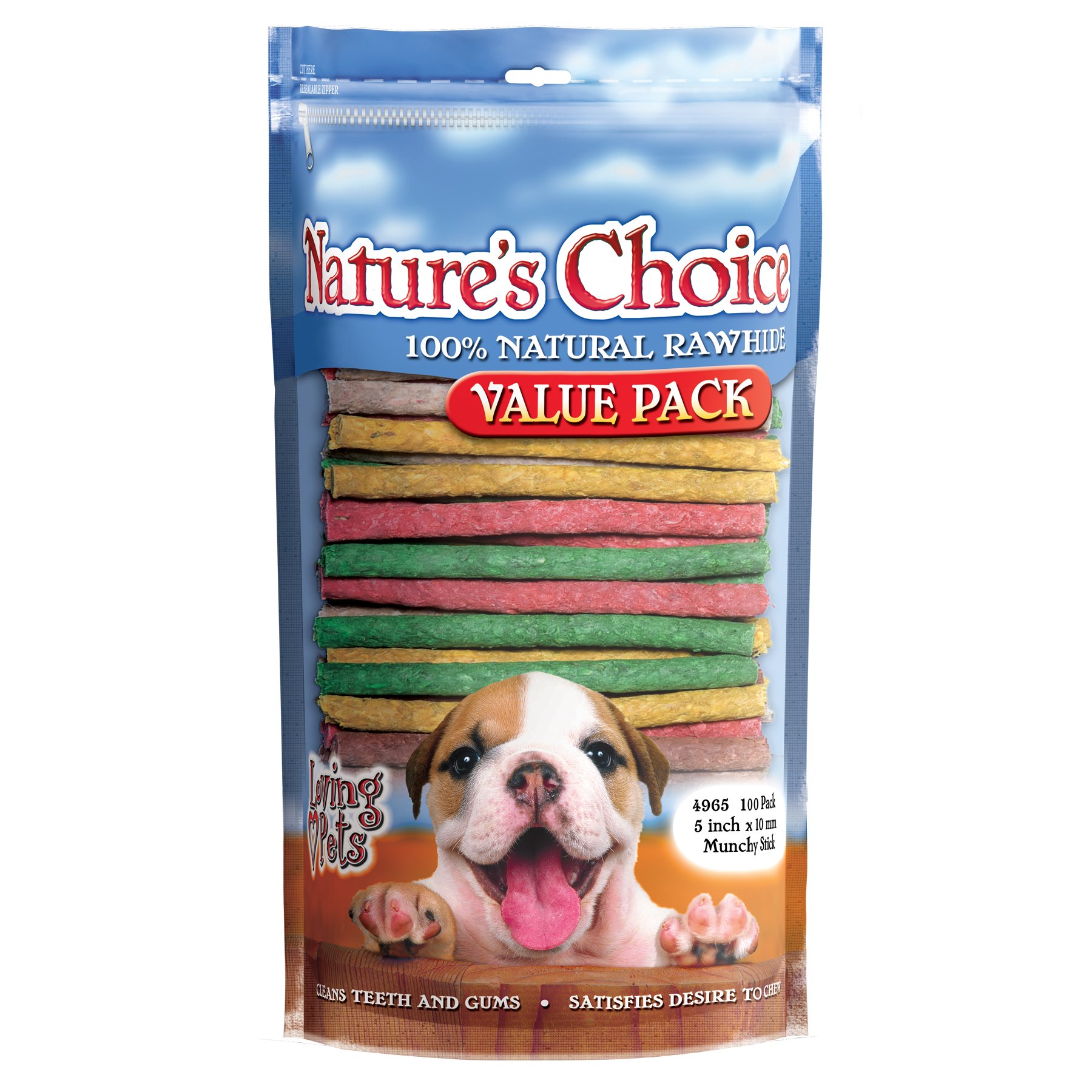 Loving Pets Nature's Choice 100-Percent Natural Rawhide Munchy Sticks Value Pack Dog Treat, 5-Inches, 100/Pack (Assorted Colors)