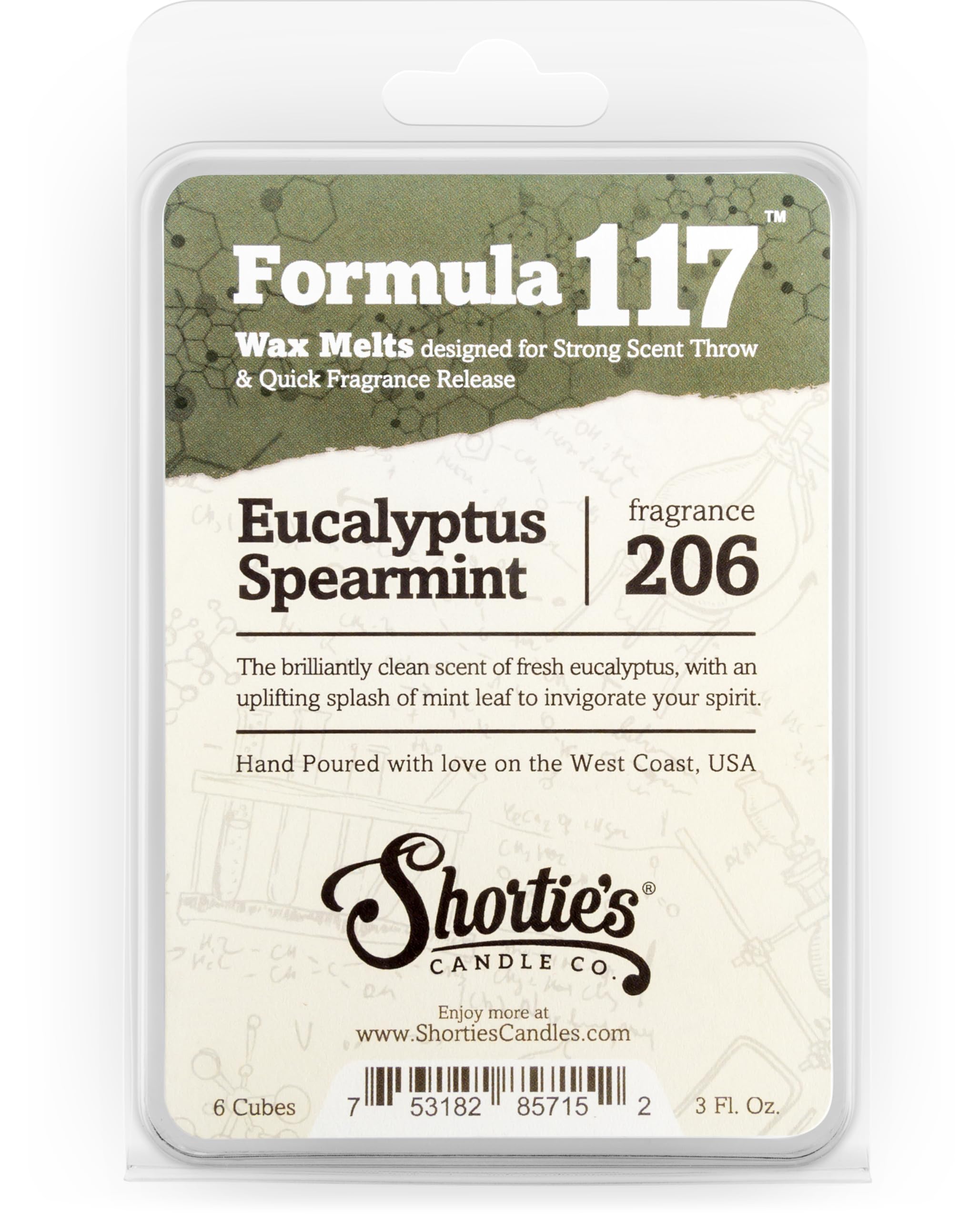 Shortie's Candle Company Eucalyptus Spearmint Wax Melts - Formula 117-1 Highly Scented 3 Oz. Bar - Made with Essential & Natural Oils - Fresh & Clean Air Freshener Cubes Collection