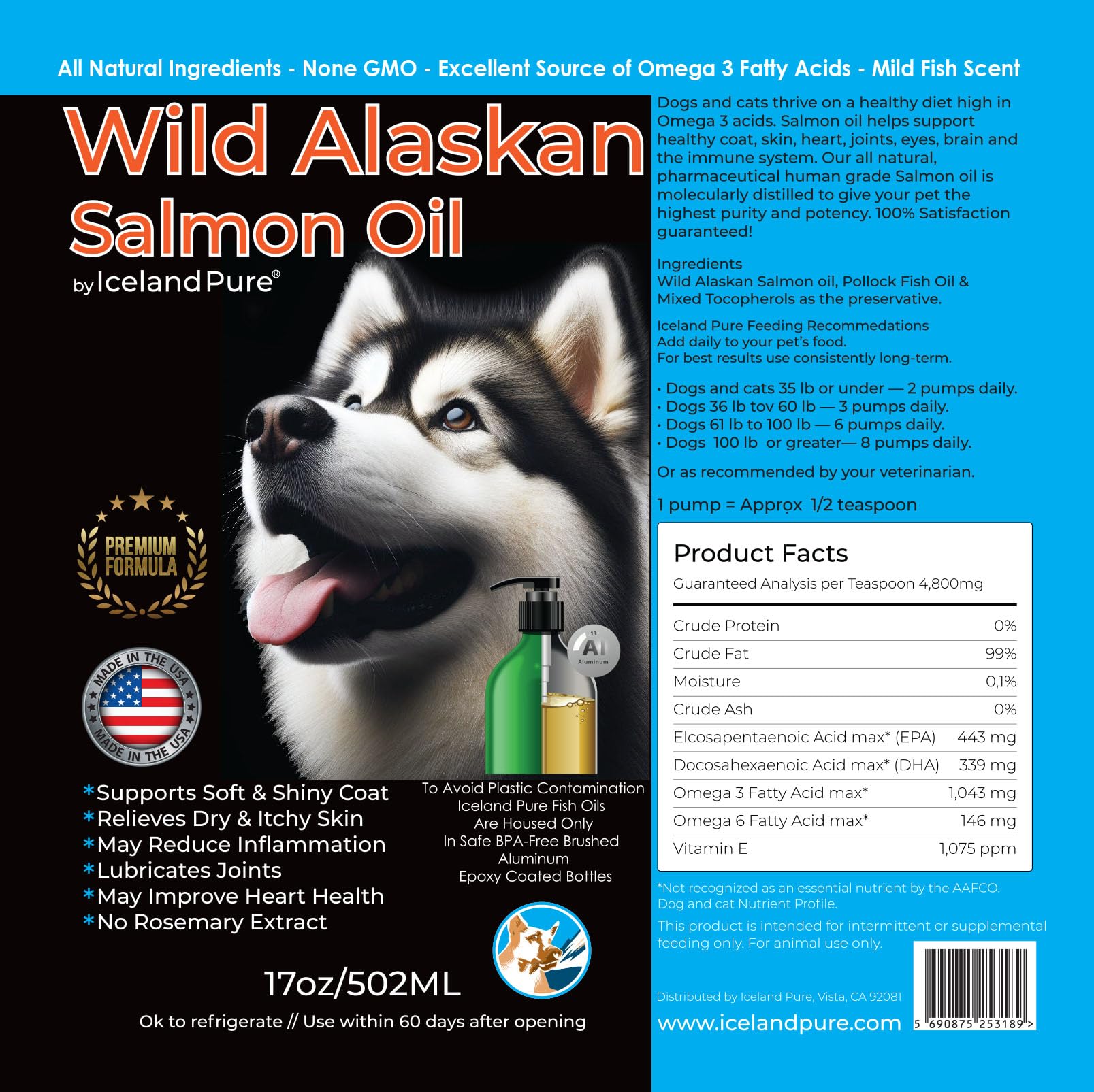 Wild Alaskan Salmon Oil for Dogs and Cats by Iceland Pure | 1,043 mg of Omega-3 per Teaspoon | Salmon Oil & Pollock Blend | BPA-Free Brushed Aluminum Epoxy Coated Bottle with Pump - 17 oz