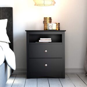 Prepac Sonoma 2 Drawer Nightstand: Elegant Bedroom Furniture, Bedside Table with Open Shelf, 23.25"W x 16"D x 28"H, Black