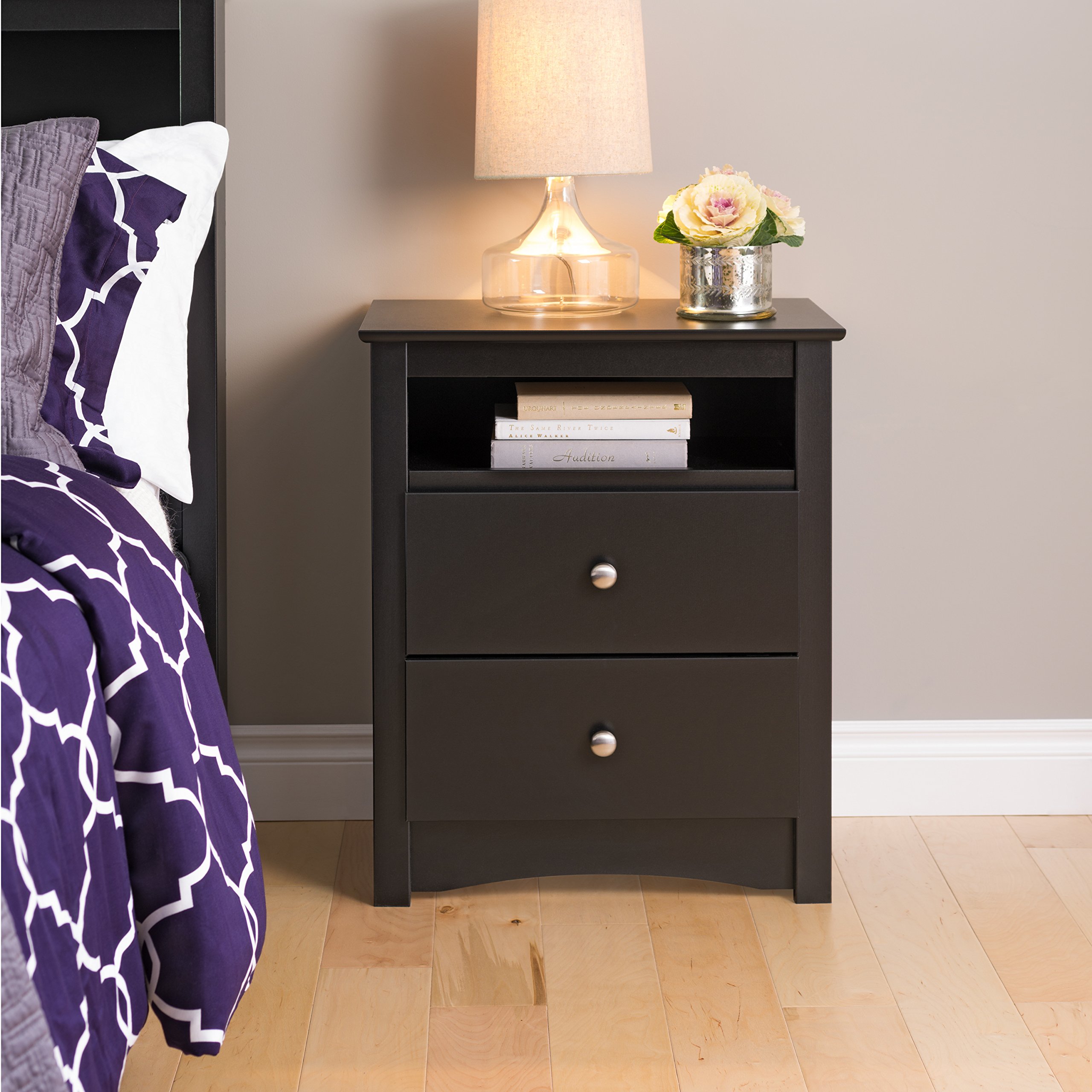 Prepac Sonoma 2 Drawer Nightstand: Elegant Bedroom Furniture, Bedside Table with Open Shelf, 23.25"W x 16"D x 28"H, Black