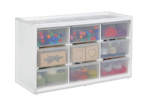 ArtBin 6809PC Store In Drawer Cabinet Sewing & Craft Organization, Plastic Storage Unit with 9 Drawers, White with Clear Drawers