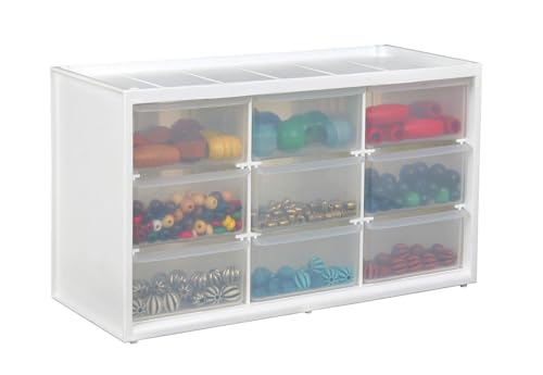 ArtBin 6809PC Store In Drawer Cabinet Sewing & Craft Organization, Plastic Storage Unit with 9 Drawers, White with Clear Drawers