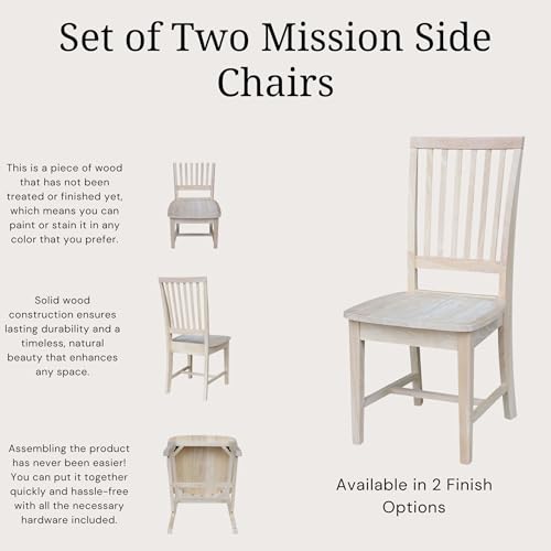 Set of 2 Mission Side Chairs 39.2"H, Solid Parawood Kitchen Dining Furniture, Stylish Comfortable Chairs for Dining Room, Paint or Stain to Match Your Decor, Unfinished