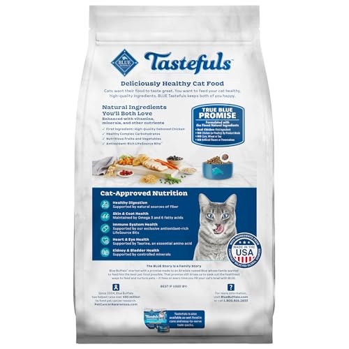 Blue Buffalo Tastefuls Adult Dry Cat Food Indoor Cat Formula, Made in the USA with Natural Ingredients, Chicken & Brown Rice Recipe, 3-lb. Bag