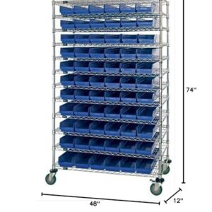 Quantum WR74-1248-66102BL Bin Wire Shelving System, 48'L x 12'D x 74'H, Carbon Steel, Chrome with Blue Bins