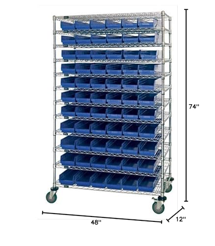 Quantum WR74-1248-66102BL Bin Wire Shelving System, 48'L x 12'D x 74'H, Carbon Steel, Chrome with Blue Bins