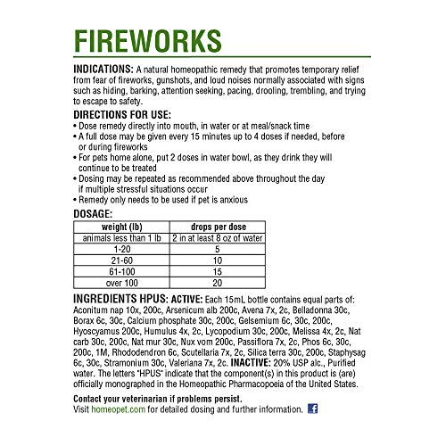 HomeoPet Fireworks, Safe and Natural Loud-Noise Anxiety Relief for Dogs, Cats, and Other Small Animals, Calming Care, 15 Milliliters