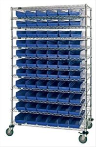 quantum wr74-1248-66102bl bin wire shelving system, 48'l x 12'd x 74'h, carbon steel, chrome with blue bins