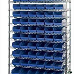 Quantum WR74-1248-66102BL Bin Wire Shelving System, 48'L x 12'D x 74'H, Carbon Steel, Chrome with Blue Bins