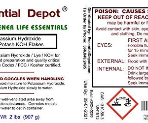 Potassium Hydroxide Flakes KOH, 2 lbs Caustic Potash Anhydrous KOH Dry Electrolyte - HDPE Container with resealable Child Resistant Cap