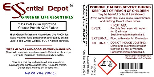 Potassium Hydroxide Flakes KOH, 2 lbs Caustic Potash Anhydrous KOH Dry Electrolyte - HDPE Container with resealable Child Resistant Cap