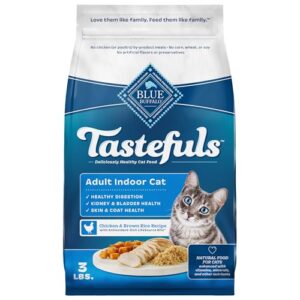 blue buffalo tastefuls adult dry cat food indoor cat formula, made in the usa with natural ingredients, chicken & brown rice recipe, 3-lb. bag