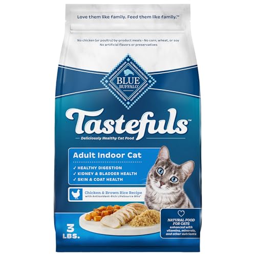 Blue Buffalo Tastefuls Adult Dry Cat Food Indoor Cat Formula, Made in the USA with Natural Ingredients, Chicken & Brown Rice Recipe, 3-lb. Bag