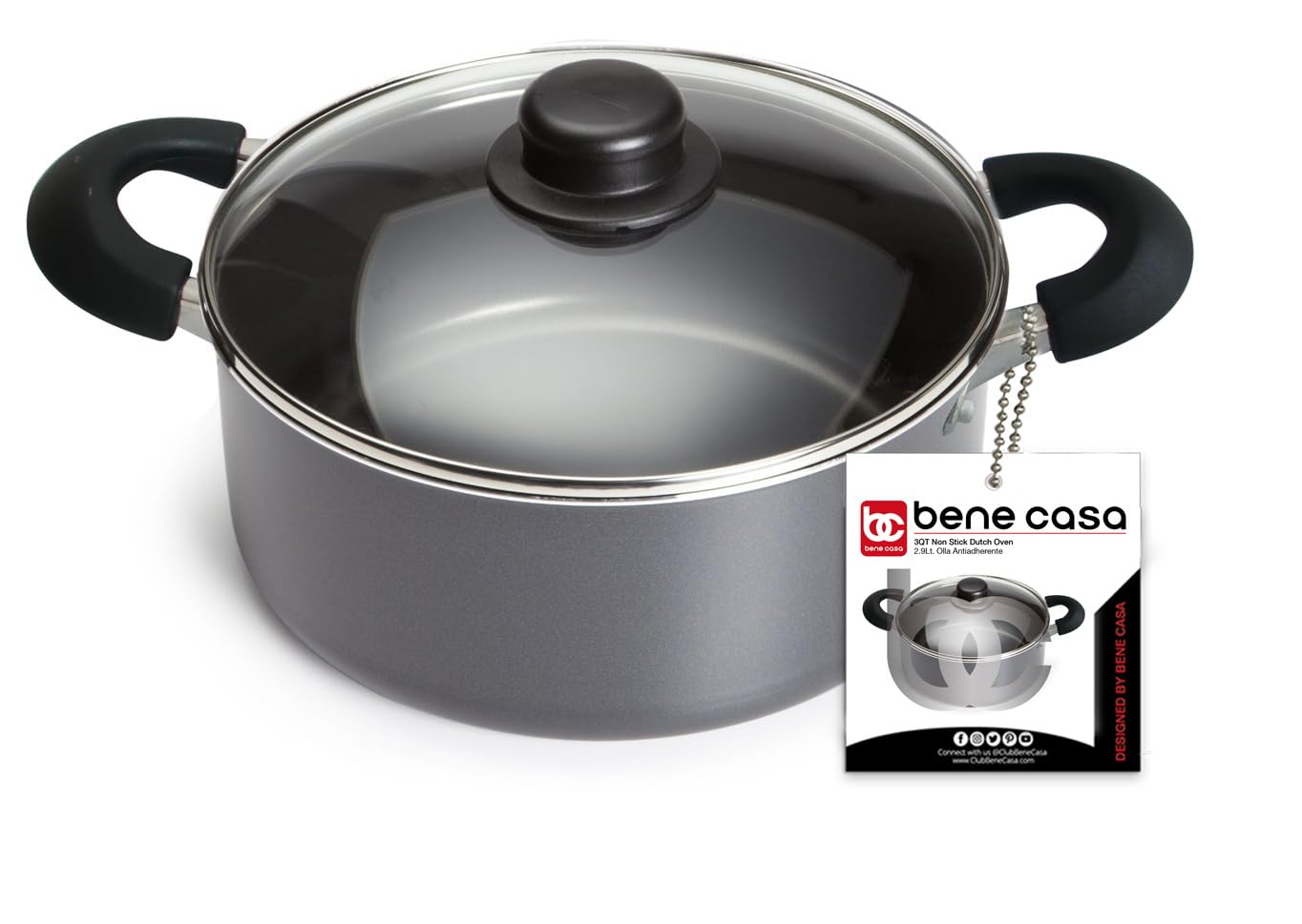 Bene Casa3-Quart Nonstick Dutch Oven Aluminum, Ventd Glass Lid, Stay-Cool Handles, Dishwasher Safe, Perfect for Simmering and Slow Cooking