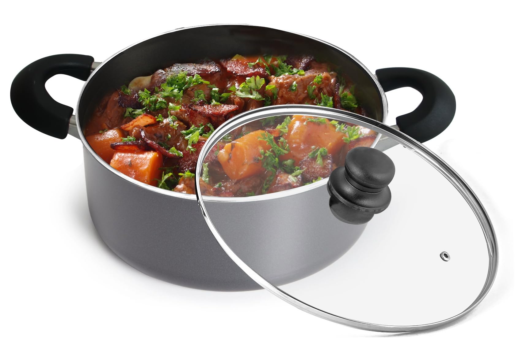 Bene Casa3-Quart Nonstick Dutch Oven Aluminum, Ventd Glass Lid, Stay-Cool Handles, Dishwasher Safe, Perfect for Simmering and Slow Cooking