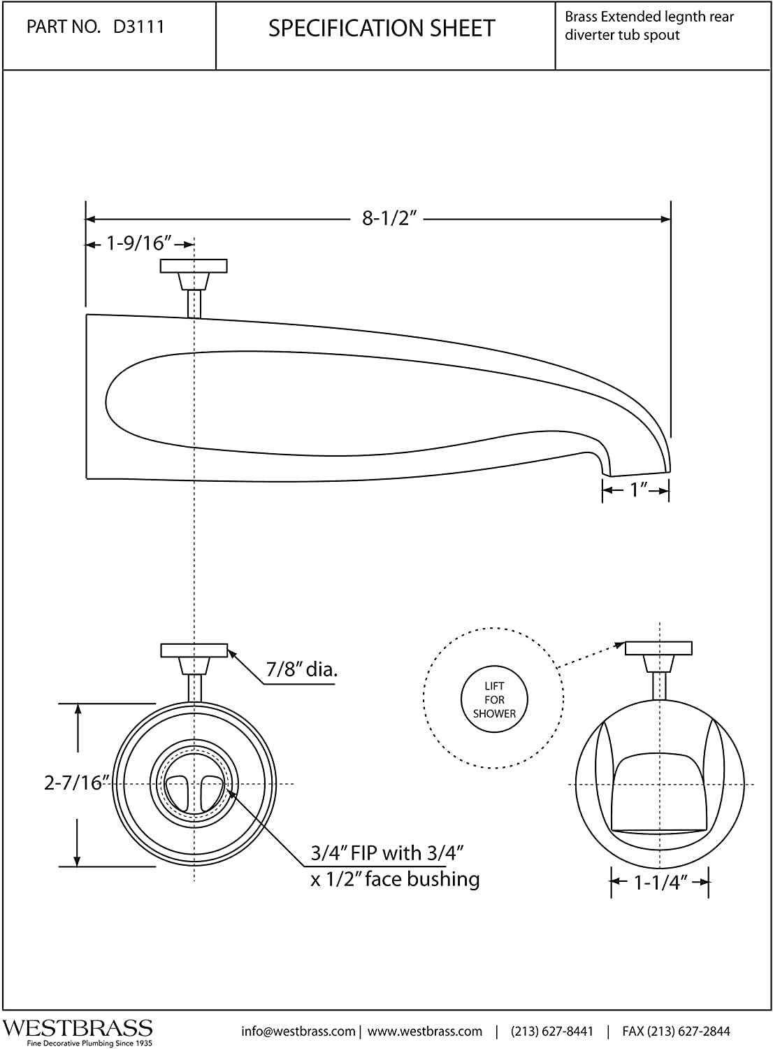 Westbrass D3111-128-1/2 Reach Brass Wall Mount Tub Spout with Rear Diverter, Oil Rubbed Bronze