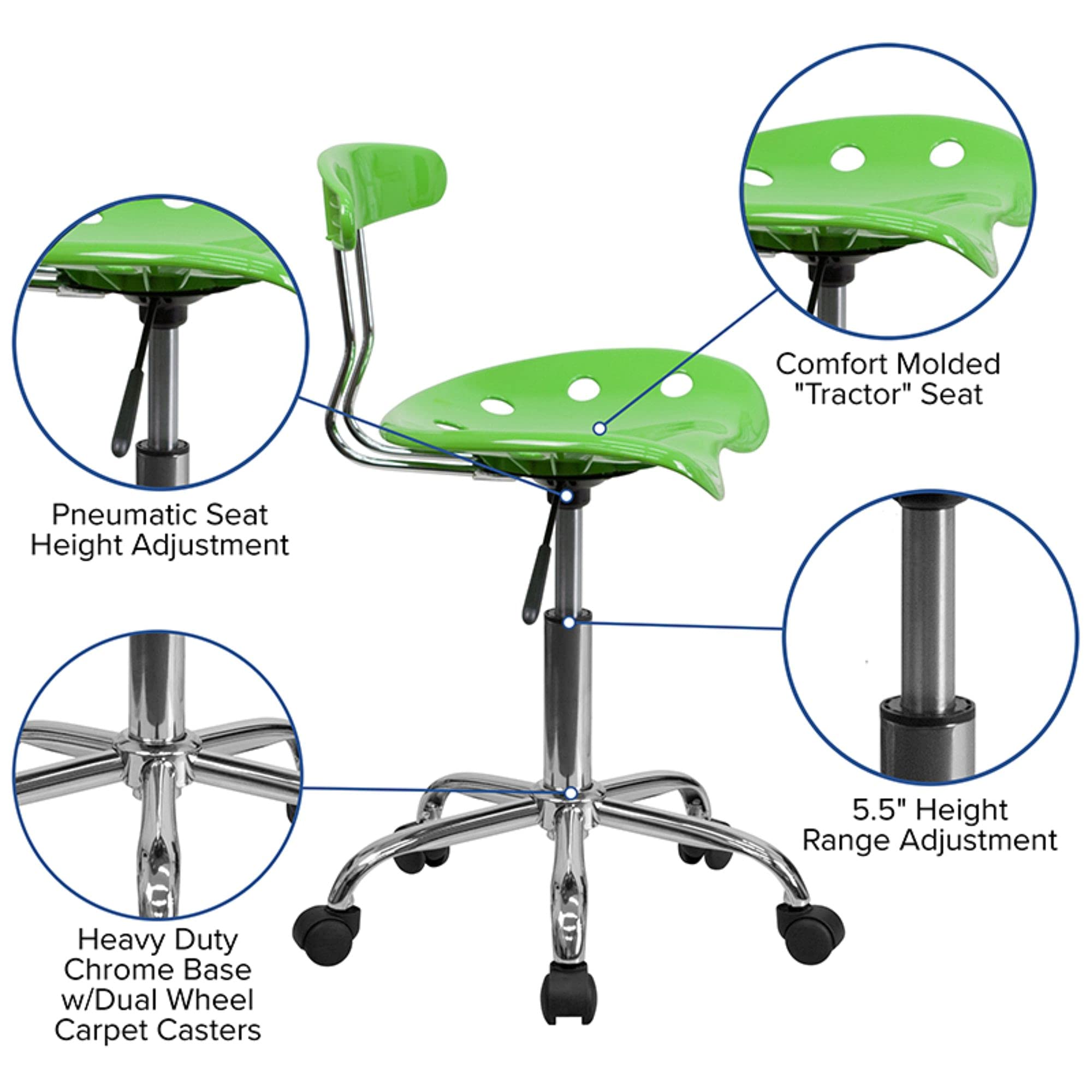 Flash Furniture Elliott Vibrant Apple Green and Chrome Swivel Task Office Chair with Tractor Seat