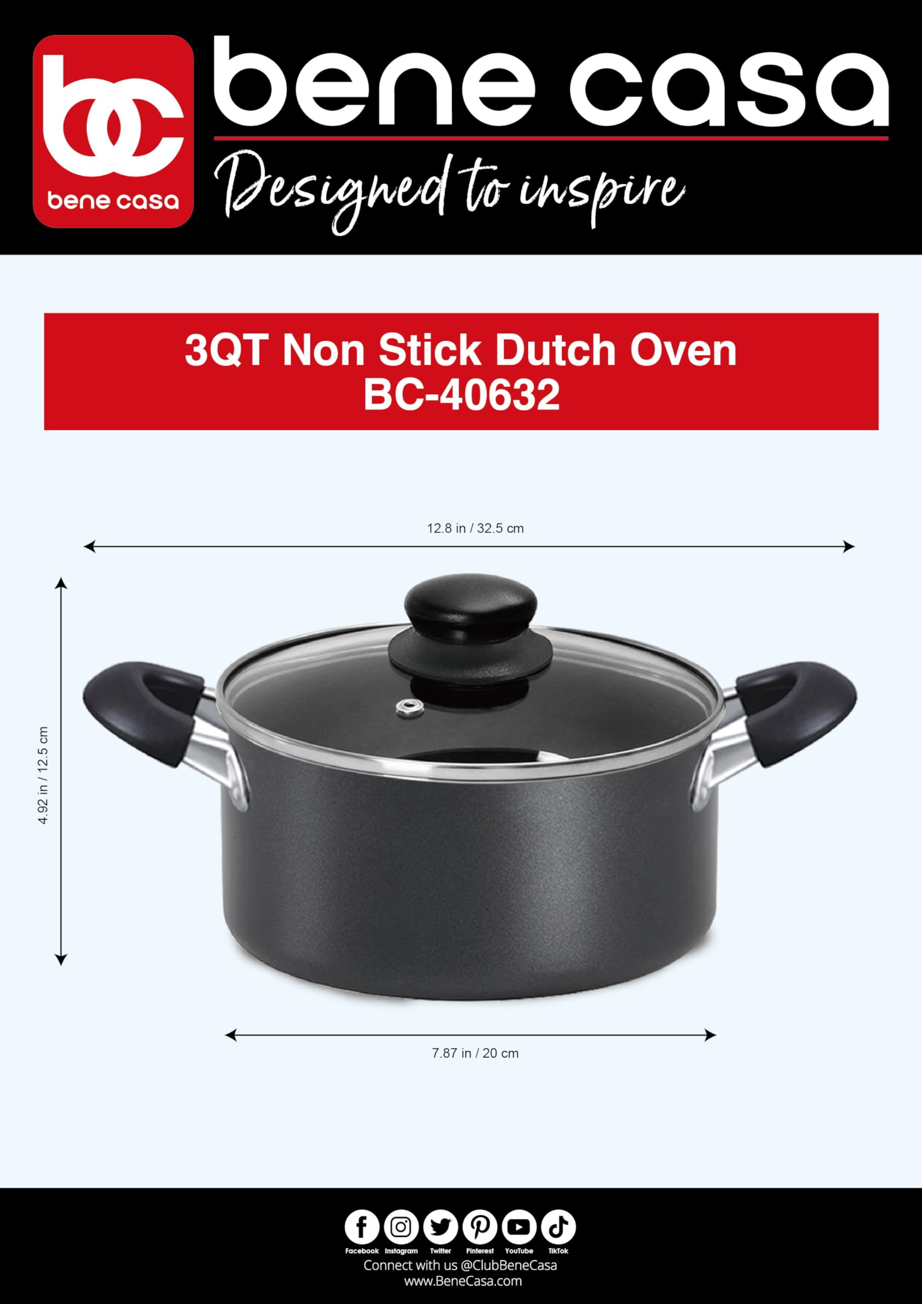 Bene Casa3-Quart Nonstick Dutch Oven Aluminum, Ventd Glass Lid, Stay-Cool Handles, Dishwasher Safe, Perfect for Simmering and Slow Cooking