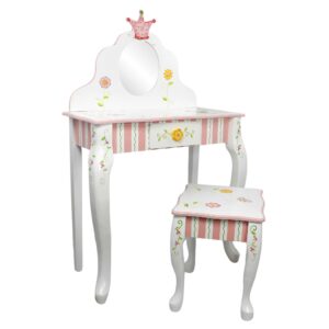 fantasy fields - princess & frog kids vanity table and stool set , 1 drawer, gift for kids, white pink, crown