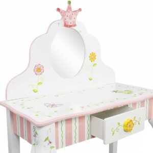 Fantasy Fields - Princess & Frog Kids Vanity Table and Stool Set , 1 drawer, Gift for Kids, White Pink, Crown