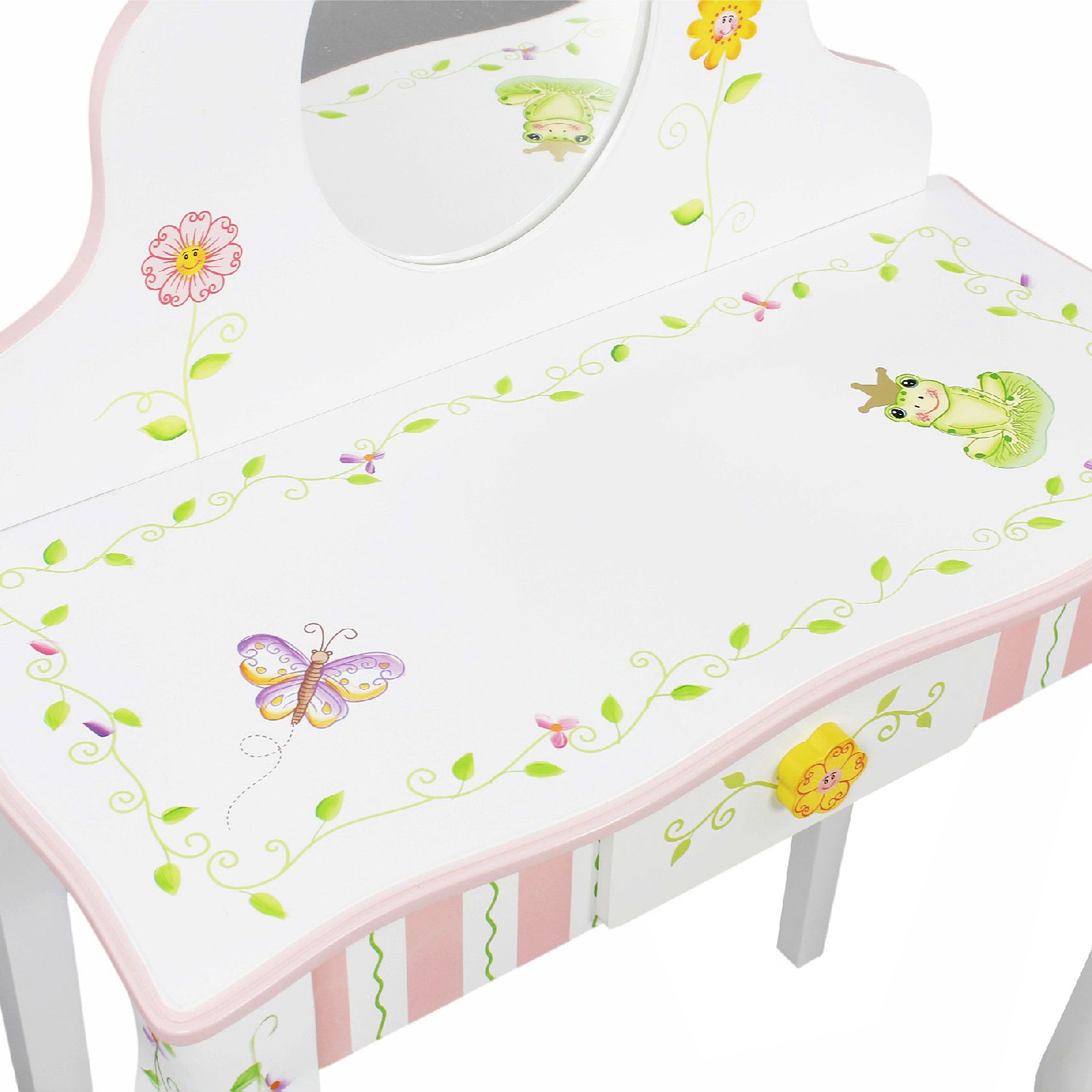 Fantasy Fields - Princess & Frog Kids Vanity Table and Stool Set , 1 drawer, Gift for Kids, White Pink, Crown